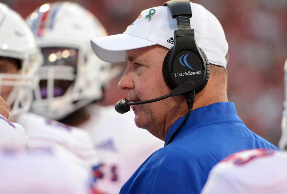 Oct 2, 2021; Raleigh, North Carolina, USA; Louisiana Tech Bulldogs head coach Skip Holtz talks to his players during the first half against the North Carolina State Wolfpack at Carter-Finley Stadium. Mandatory Credit: Rob Kinnan-USA TODAY Sports