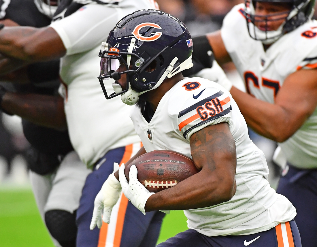 Oct 10, 2021; Paradise, Nevada, USA; Chicago Bears running back Damien Williams (8) carries the ball during a game against the Las Vegas Raiders at Allegiant Stadium. Mandatory Credit: Stephen R. Sylvanie-USA TODAY Sports