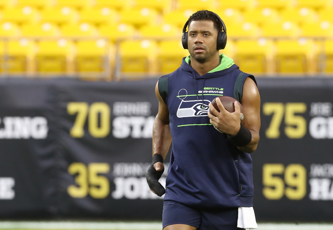 Oct 17, 2021; Pittsburgh, Pennsylvania, USA;  Seattle Seahawks quarterback Russell Wilson (3) walks the field before playing the Pittsburgh Steelers at Heinz Field. Mandatory Credit: Charles LeClaire-USA TODAY Sports
