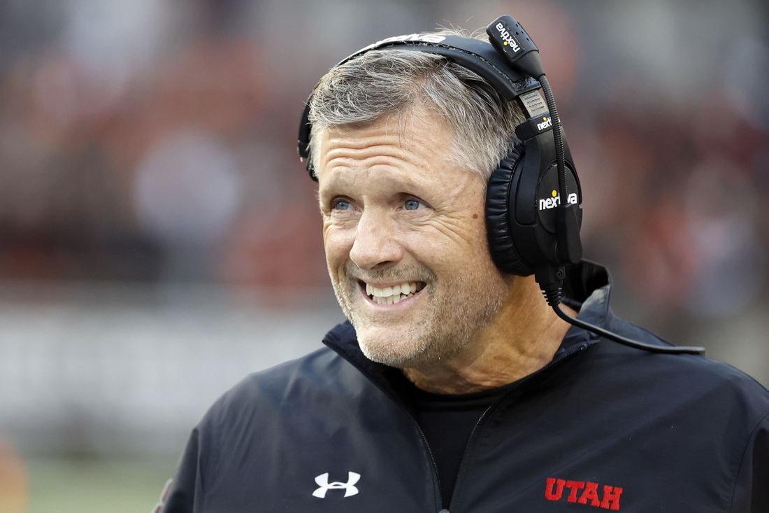 Oct 23, 2021; Corvallis, Oregon, USA; Utah Utes head coach Kyle Whittingham looks onto the field during the first half against the Oregon State Beavers at Reser Stadium. Mandatory Credit: Soobum Im-USA TODAY Sports