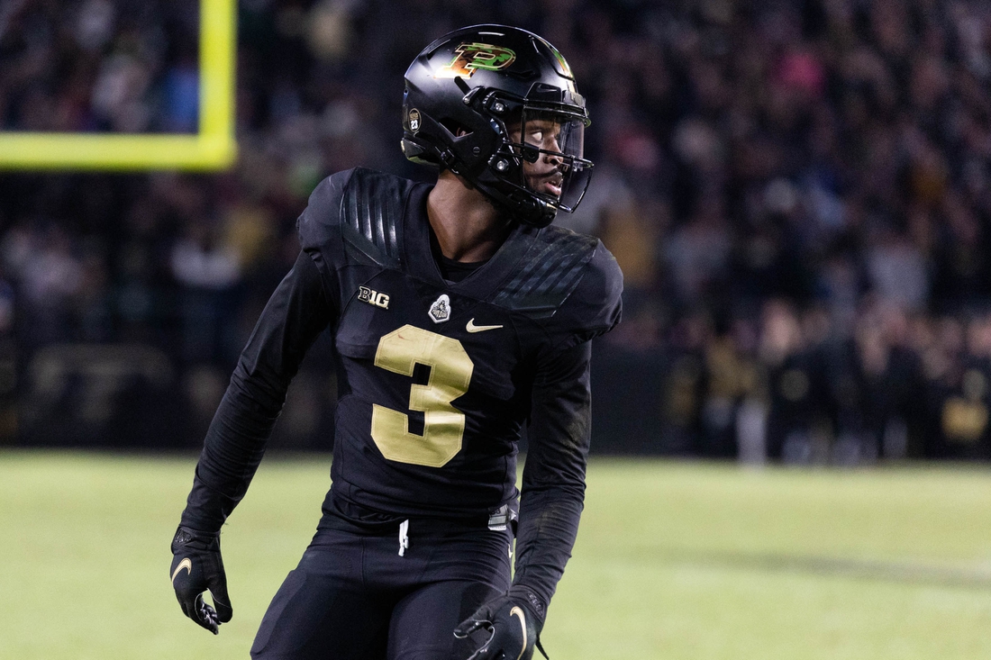Nov 6, 2021; West Lafayette, Indiana, USA; Purdue Boilermakers wide receiver David Bell (3) in the second half against the Michigan State Spartans at Ross-Ade Stadium. Mandatory Credit: Trevor Ruszkowski-USA TODAY Sports