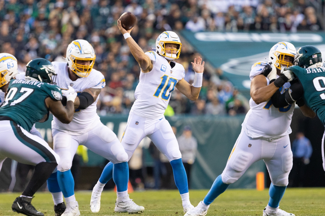 Nov 7, 2021; Philadelphia, Pennsylvania, USA; Los Angeles Chargers quarterback Justin Herbert (10) passes the ball against the Philadelphia Eagles during the first quarter at Lincoln Financial Field. Mandatory Credit: Bill Streicher-USA TODAY Sports