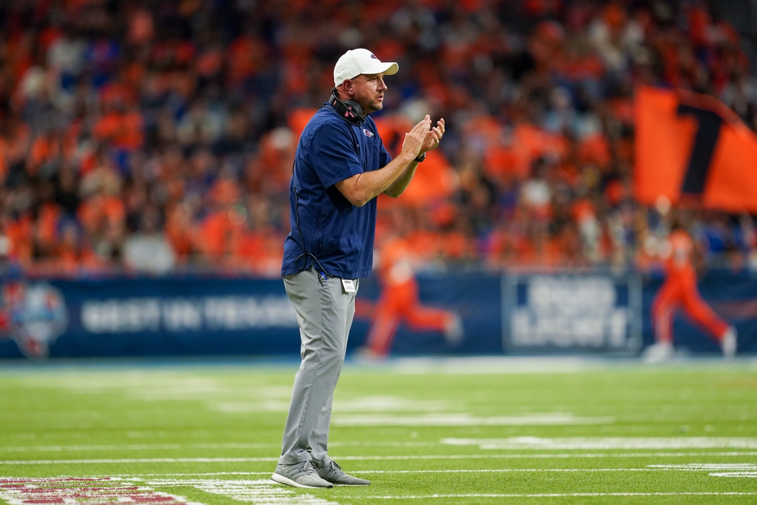 Nov 13, 2021; San Antonio, Texas, USA;  UTSA Roadrunners head coach Jeff Traylor looks on in the second half against the Southern Miss Golden Eagles at the Alamodome. Mandatory Credit: Daniel Dunn-USA TODAY Sports