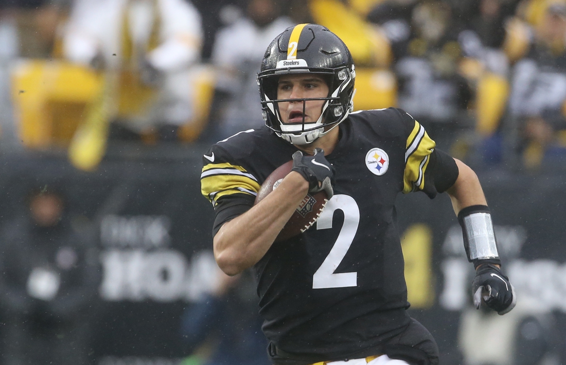 Nov 14, 2021; Pittsburgh, Pennsylvania, USA;  Pittsburgh Steelers quarterback Mason Rudolph (2) runs the ball against the Detroit Lions during the third quarter at Heinz Field. The game ended in a 16-16 tie. Mandatory Credit: Charles LeClaire-USA TODAY Sports