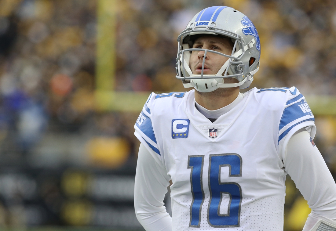 Nov 14, 2021; Pittsburgh, Pennsylvania, USA;  Detroit Lions quarterback Jared Goff (16) looks on from the sidelines against the Pittsburgh Steelers during the first quarter at Heinz Field. Mandatory Credit: Charles LeClaire-USA TODAY Sports