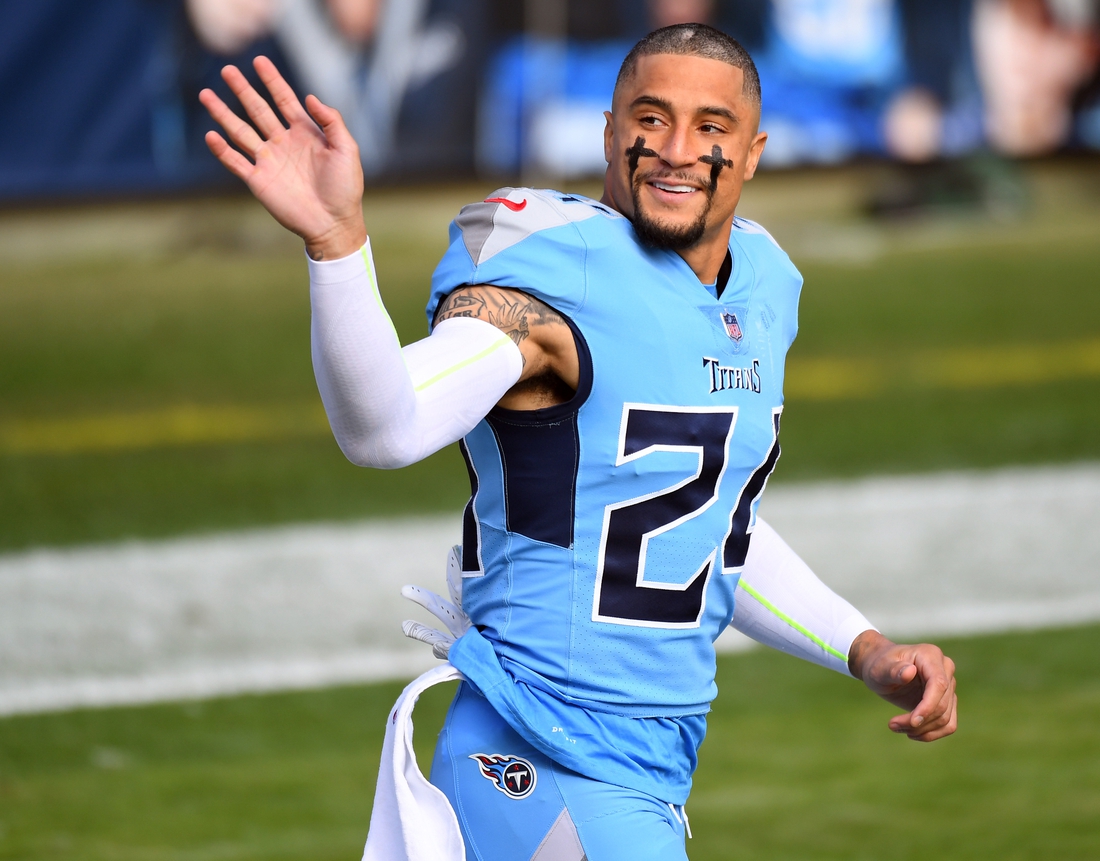Dec 6, 2020; Nashville, Tennessee, USA; Tennessee Titans strong safety Kenny Vaccaro (24) takes the field before the game against the Cleveland Browns at Nissan Stadium. Mandatory Credit: Christopher Hanewinckel-USA TODAY Sports