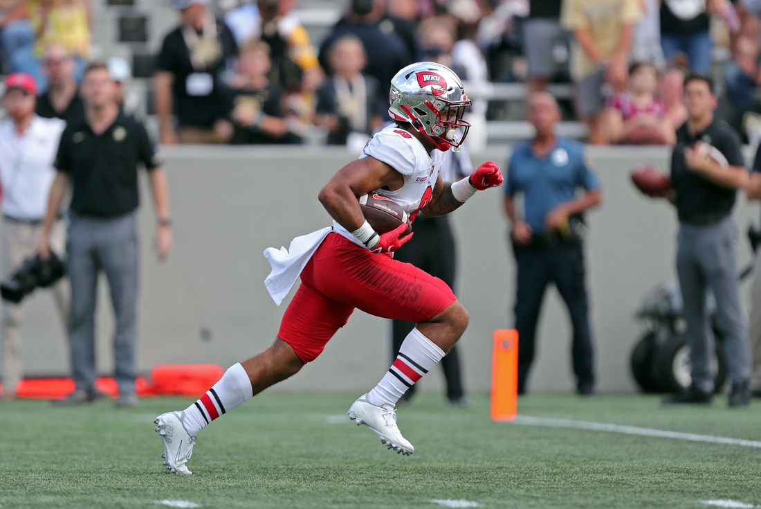 Sep 11, 2021; West Point, New York, USA; Western Kentucky Hilltoppers wide receiver Jerreth Sterns (8) runs for a touchdown against the Army Black Knights during the second half at Michie Stadium. Mandatory Credit: Danny Wild-USA TODAY Sports