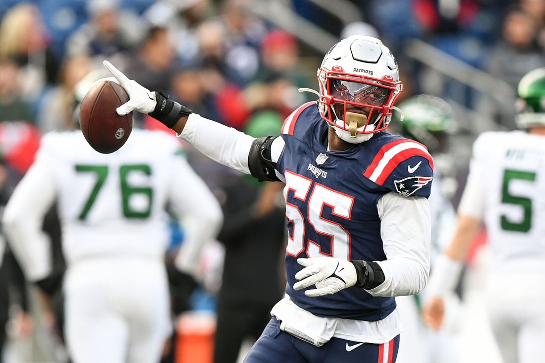 Oct 24, 2021; Foxborough, Massachusetts, USA; New England Patriots linebacker Josh Uche (55) reacts after recovering a fumble against the New York Jets during the second half at Gillette Stadium. Mandatory Credit: Brian Fluharty-USA TODAY Sports