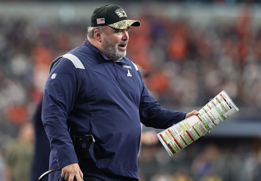 Nov 7, 2021; Arlington, Texas, USA; Dallas Cowboys head coach Mike McCarthy argues a blocked punt call in the third quarter against the Denver Broncos at AT&T Stadium. Mandatory Credit: Matthew Emmons-USA TODAY Sports