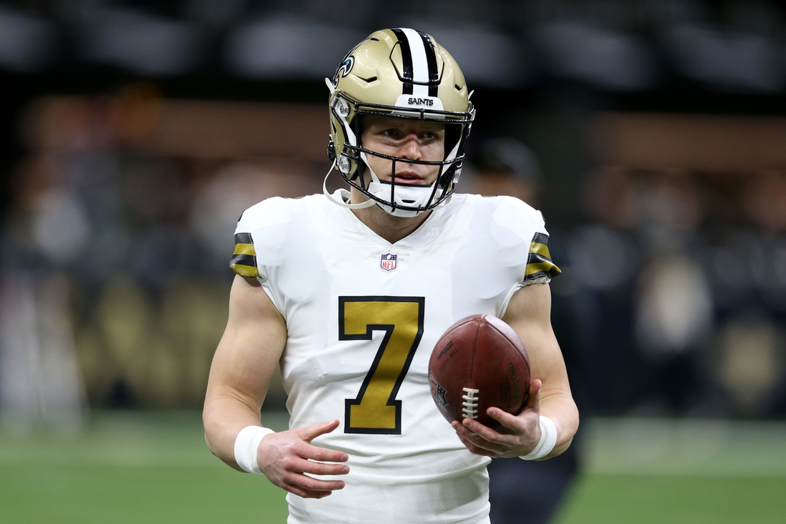 Nov 25, 2021; New Orleans, Louisiana, USA; New Orleans Saints quarterback Taysom Hill (7) before the game against the Buffalo Bills at the Caesars Superdome. Mandatory Credit: Chuck Cook-USA TODAY Sports