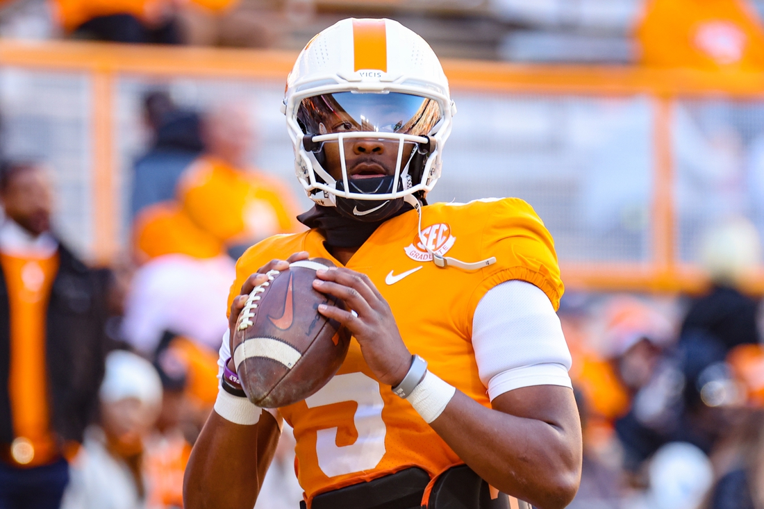Nov 27, 2021; Knoxville, Tennessee, USA; Tennessee Volunteers quarterback Hendon Hooker (5) warms up before the game against the Vanderbilt Commodores at Neyland Stadium. Mandatory Credit: Randy Sartin-USA TODAY Sports