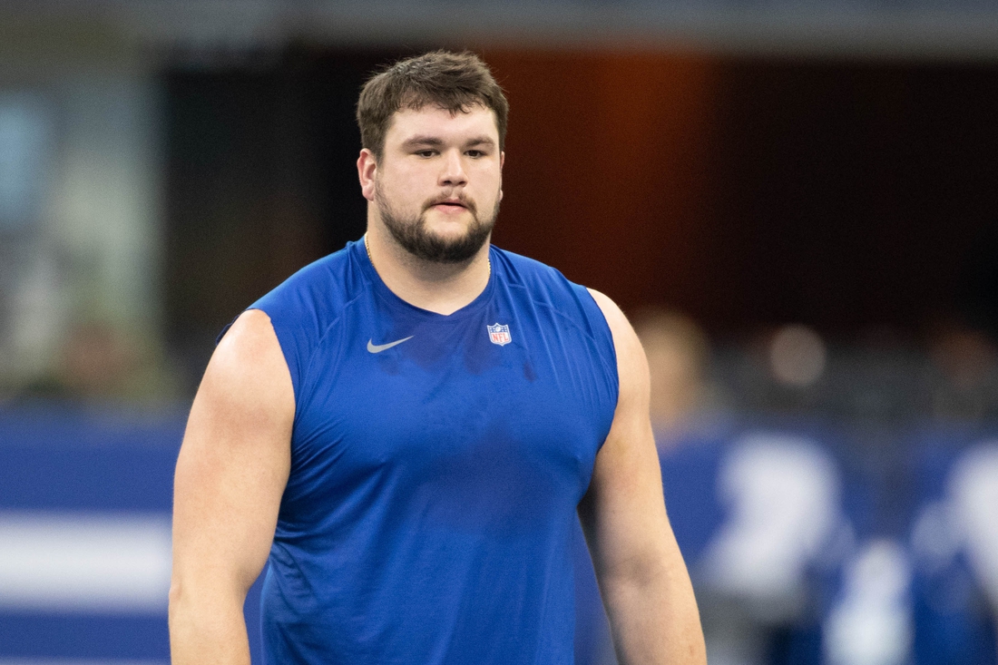 Nov 28, 2021; Indianapolis, Indiana, USA; Indianapolis Colts guard Quenton Nelson (56) warms up before the game against the Tampa Bay Buccaneers at Lucas Oil Stadium. Mandatory Credit: Trevor Ruszkowski-USA TODAY Sports