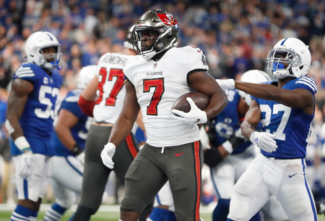 Tampa Bay Buccaneers running back Leonard Fournette (7) after a touchdown, Sunday, Nov. 28, 2021, during a game against the Tampa Bay Buccaneers at Lucas Oil Stadium in Indianapolis.