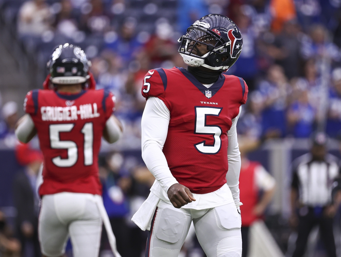 Dec 5, 2021; Houston, Texas, USA; Houston Texans quarterback Tyrod Taylor (5) looks up after a play during the first quarter against the Indianapolis Colts at NRG Stadium. Mandatory Credit: Troy Taormina-USA TODAY Sports