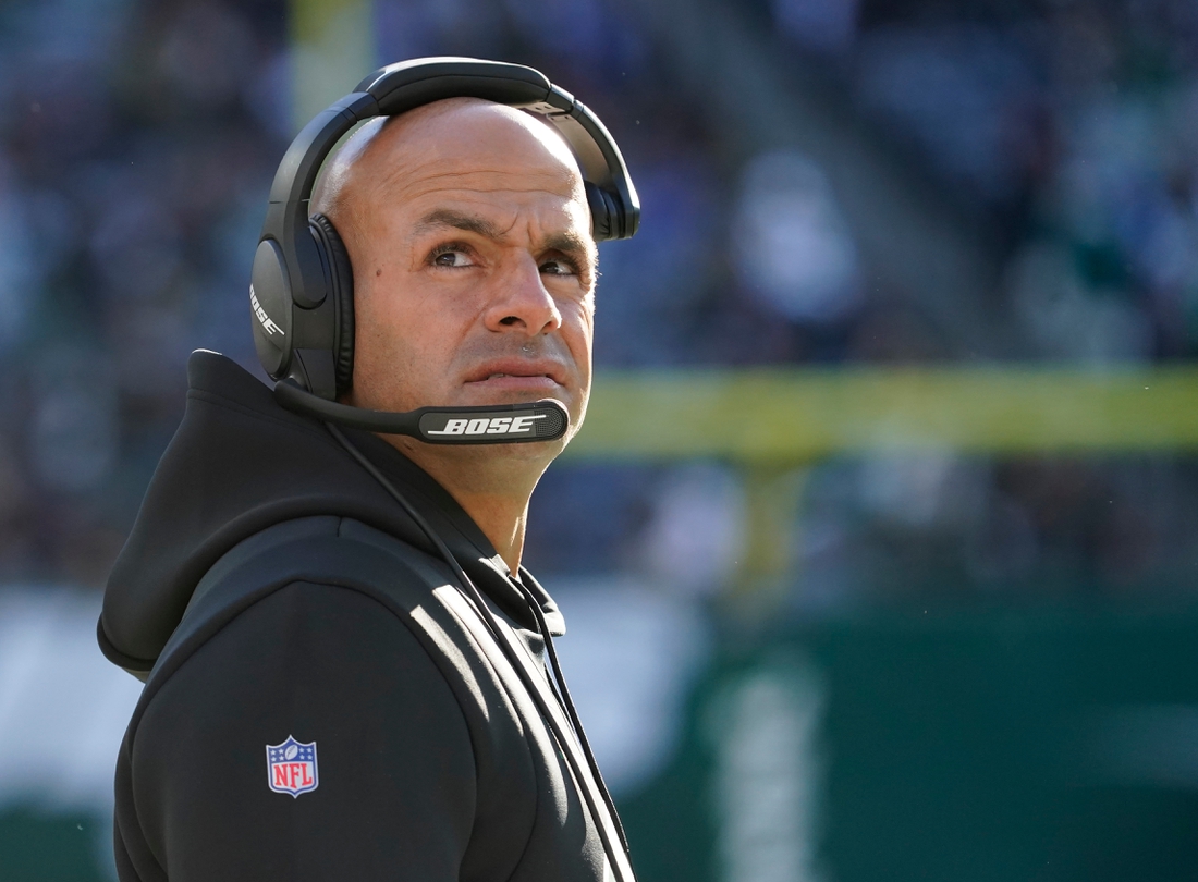 Dec 12, 2021; East Rutherford, N.J.,USA;  New York Jets head coach Robert Saleh in the first half against the New Orleans Saints at MetLife Stadium. Mandatory Credit: Robert Deutsch-USA TODAY Sports