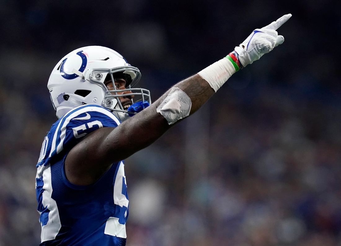 Indianapolis Colts outside linebacker Darius Leonard (53) celebrates after making an interception Saturday, Dec. 18, 2021, during a game against the New England Patriots at Lucas Oil Stadium in Indianapolis.