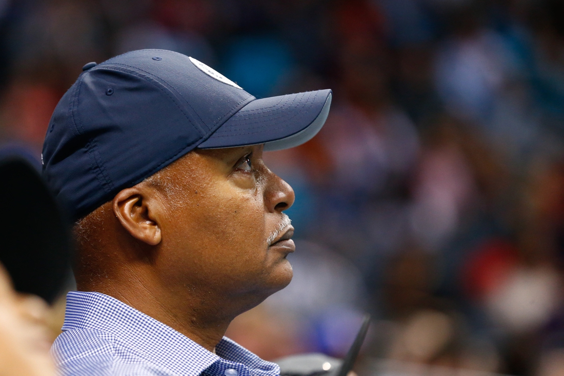 Feb 25, 2018; Charlotte, NC, USA; Former Detroit Lions head coach Jim Caldwell watches the game between the Charlotte Hornets and the Detroit Pistons at Spectrum Center. Mandatory Credit: Jeremy Brevard-USA TODAY Sports