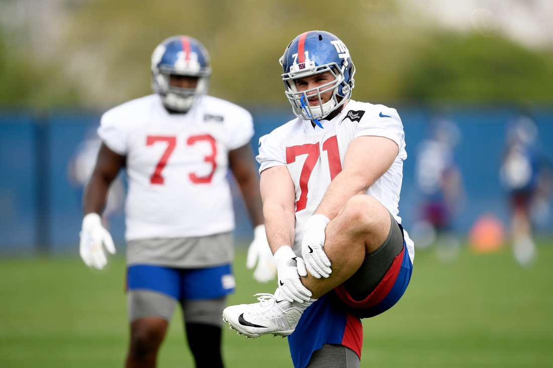 May 4, 2019; East Rutherford, NJ, USA; Offensive tackle Drew Desjarlais (71) stretches during New York Giants rookie minicamp at Quest Diagnostics Training Center. Mandatory Credit: Sarah Stier-USA TODAY Sports