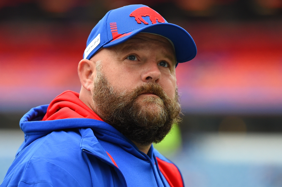 Oct 31, 2021; Orchard Park, New York, USA; Buffalo Bills offensive coordinator Brian Daboll prior to the game against the Miami Dolphins at Highmark Stadium. Mandatory Credit: Rich Barnes-USA TODAY Sports