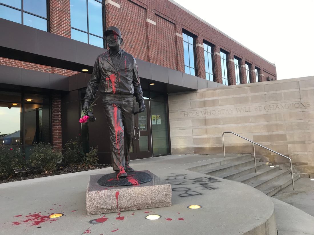 The statue of Bo Schembechler on the University of Michigan's campus was vandalized with paint and a message of support for survivors of Robert Anderson's abuse in front of the football building on the University of Michigan campus in Ann Arbor Wednesday, Nov. 24, 2021.

Img 1842