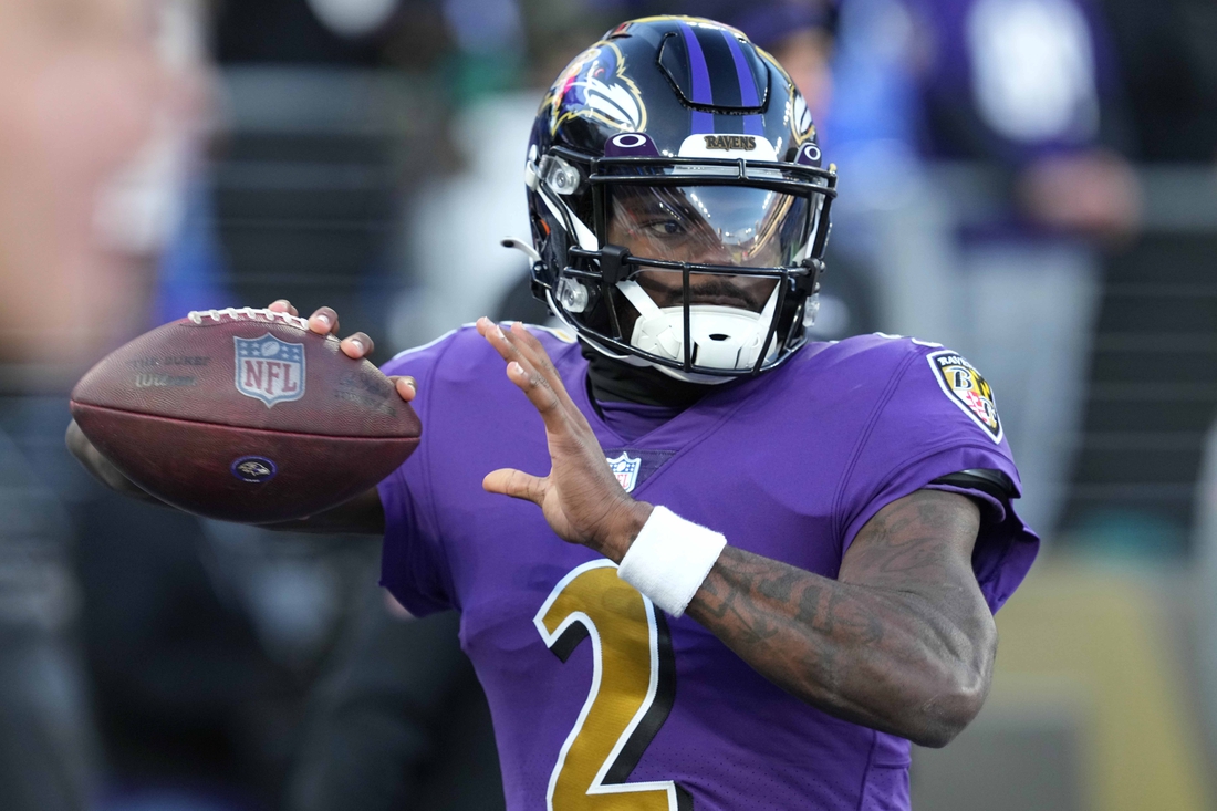 Dec 19, 2021; Baltimore, Maryland, USA; Baltimore Ravens quarterback Tyler Huntley (2) warms up prior to the game against the Green Bay Packers at M&T Bank Stadium. Mandatory Credit: Mitch Stringer-USA TODAY Sports