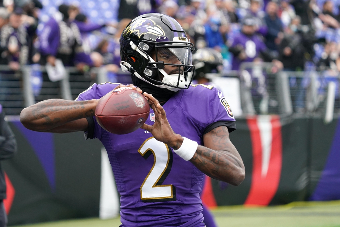 Jan 2, 2022; Baltimore, Maryland, USA; Baltimore Ravens quarterback Tyler Huntley (2) warms up prior to the game against the Los Angeles Rams at M&T Bank Stadium. Mandatory Credit: Mitch Stringer-USA TODAY Sports