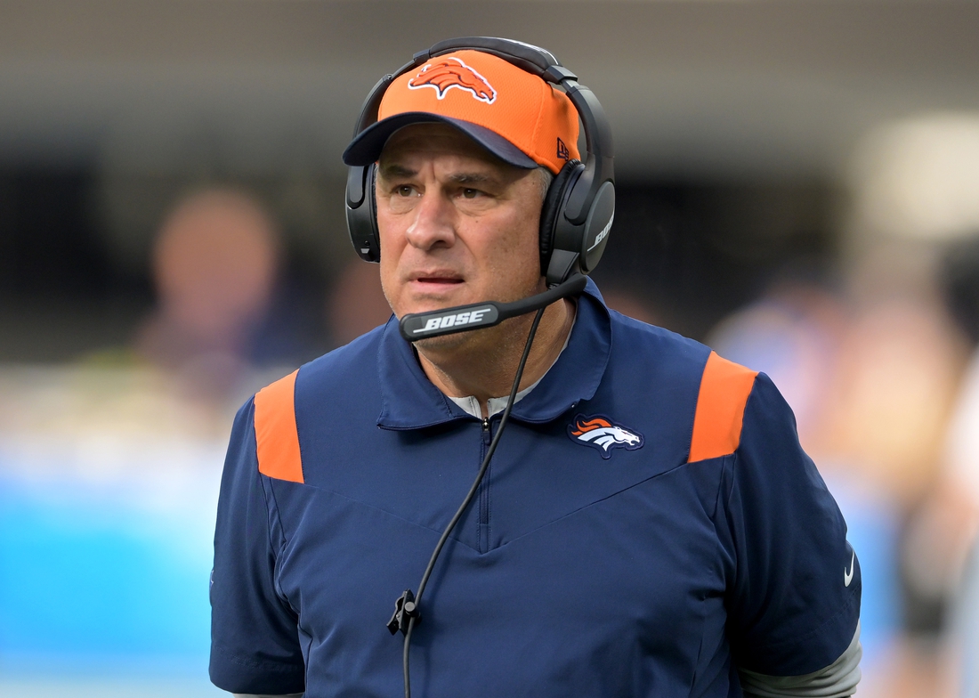 Jan 2, 2022; Inglewood, California, USA;  Denver Broncos head coach Vic Fangio looks on in the first quarter of the game against the Los Angeles Chargers at SoFi Stadium. Mandatory Credit: Jayne Kamin-Oncea-USA TODAY Sports