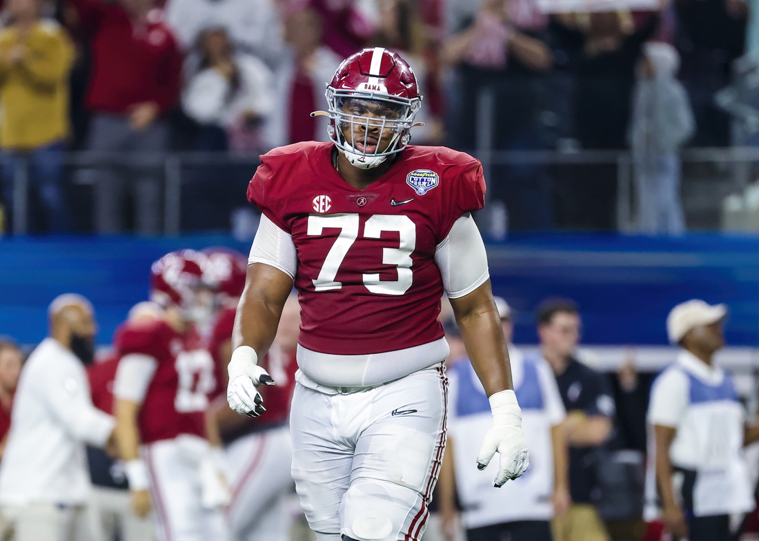 Dec 31, 2021; Arlington, Texas, USA; Alabama Crimson Tide offensive lineman Evan Neal (73) in action during the game against the Cincinnati Bearcats in the 2021 Cotton Bowl college football CFP national semifinal game at AT&T Stadium. Mandatory Credit: Kevin Jairaj-USA TODAY Sports