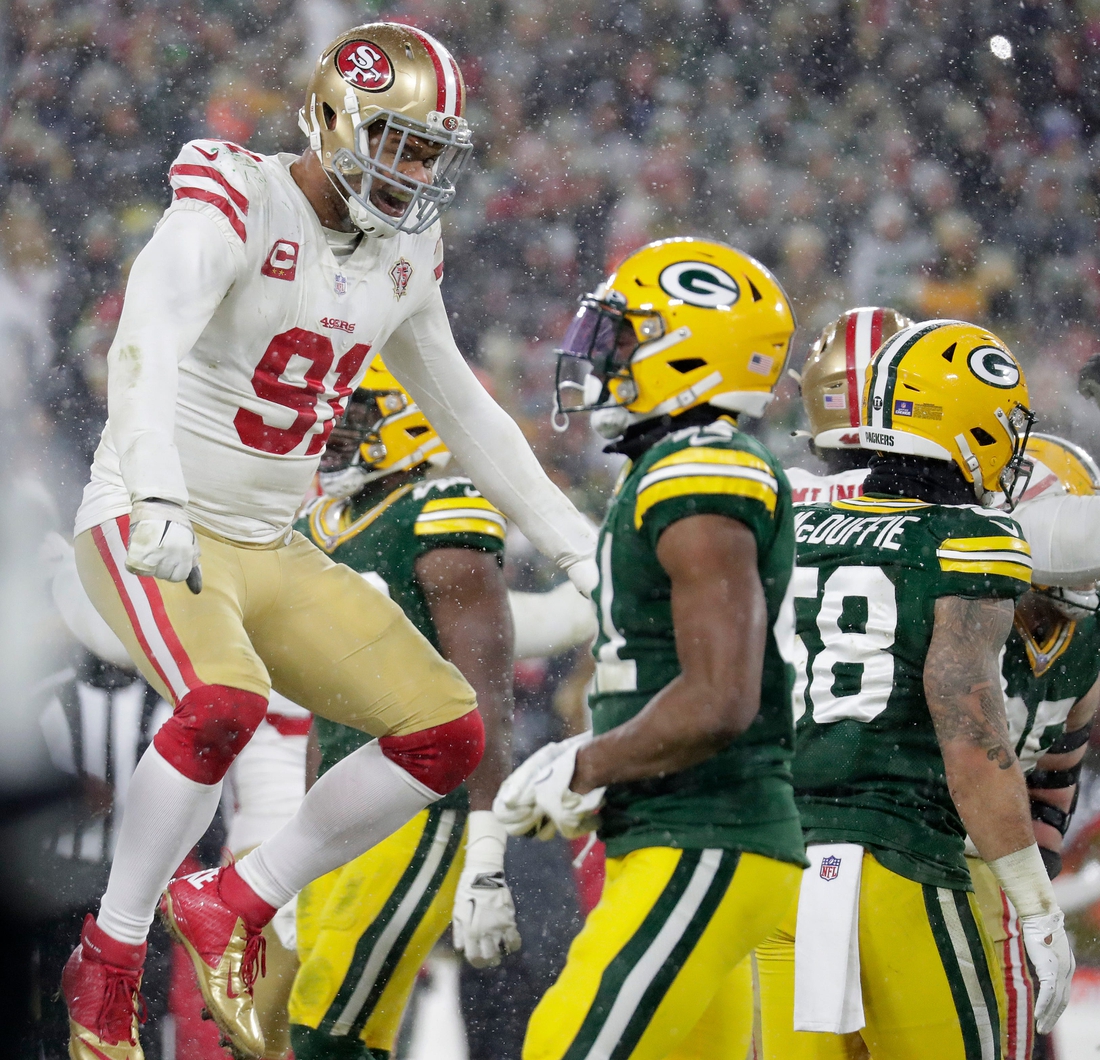 San Francisco 49ers defensive end Arik Armstead (91) celebrates after a game-winning field goal to defeat the Green Bay Packers 13-10 during their NFL divisional round football playoff game Saturday January 22, 2022, at Lambeau Field in Green Bay, Wis. Dan Powers/USA TODAY NETWORK-Wisconsin

Apc Packvs49ers 0122221129djpb