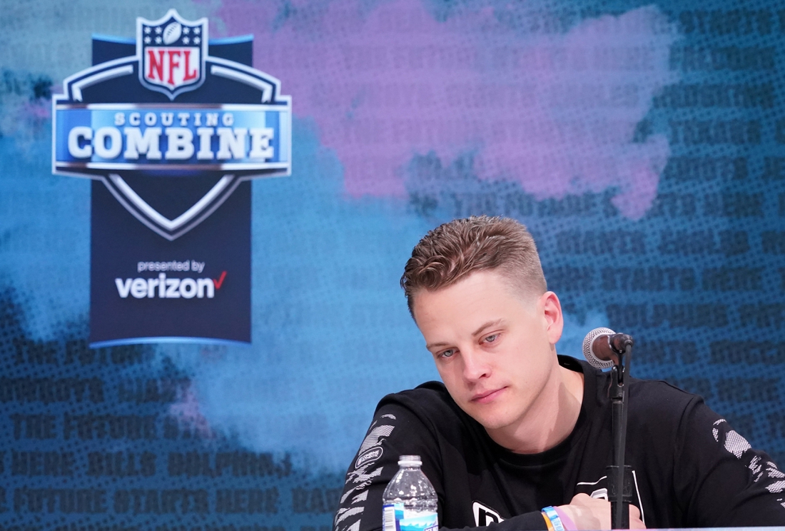 Feb 25, 2020; Indianapolis, Indiana, USA; LSU Tigers quarterback Joe Burrow during the NFL Scouting Combine at the Indiana Convention Center. Mandatory Credit: Kirby Lee-USA TODAY Sports