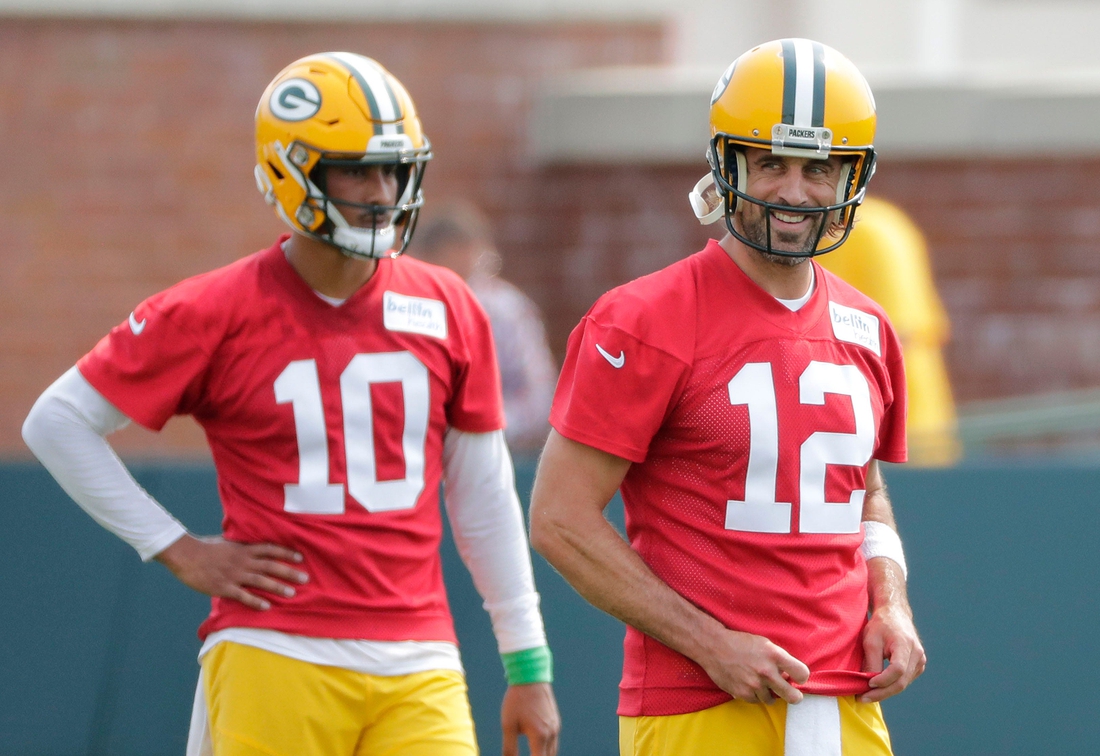 Green Bay Packers quarterback Jordan Love (10) and quarterback Aaron Rodgers (12) participate in training camp Wednesday, July 28, 2021, in Green Bay, Wis.

Usp Nfl Green Bay Packers Training Camp S Fbn Usa Wi