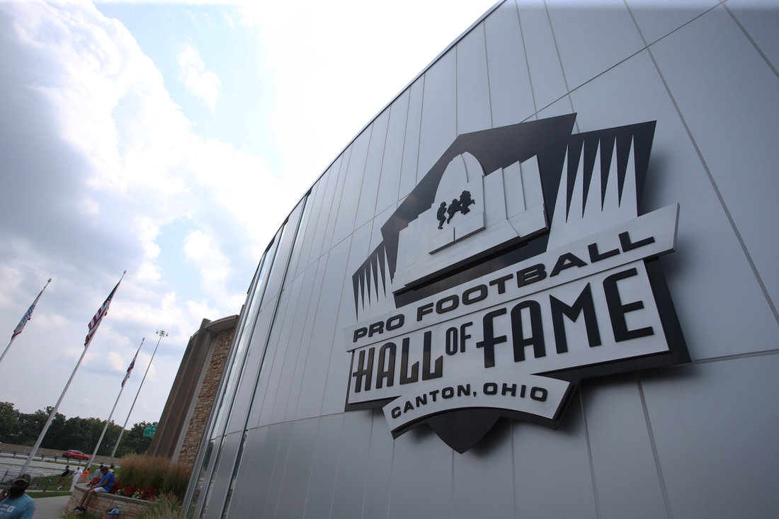 Aug 7, 2021; Canton, Ohio, USA;  General view of signage at the Professional Football Hall of Fame before the HOF enshrinement ceremonies at Tom Benson Hall of Fame Stadium. Mandatory Credit: Charles LeClaire-USA TODAY Sports
