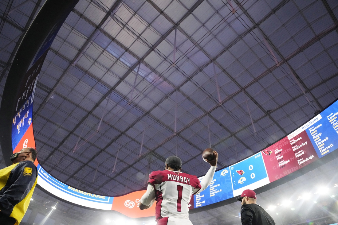 Jan 17, 2022; Los Angeles, California, USA;  Arizona Cardinals quarterback Kyler Murray (1) warms up before playing against the Los Angeles Rams in the NFC Wild Card playoff game.

Nfc Wild Card Playoff Cardinals Vs Rams