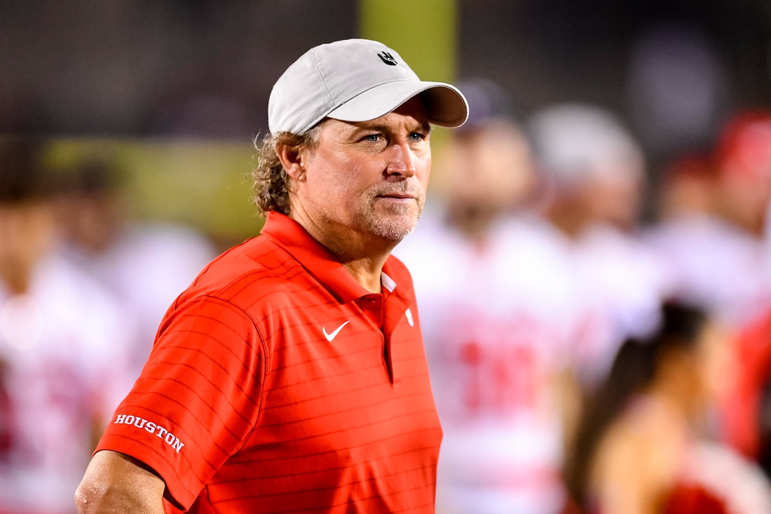 Sep 18, 2021; Houston, Texas, USA;  Houston Cougars head coach Dana Holgorsen at the end of the game against the Grambling State Tigers at TDECU Stadium. Mandatory Credit: Maria Lysaker-USA TODAY Sports