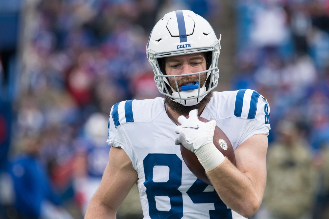 Nov 21, 2021; Orchard Park, New York, USA; Indianapolis Colts tight end Jack Doyle (84) warms up before a game against the Buffalo Bills at Highmark Stadium. Mandatory Credit: Mark Konezny-USA TODAY Sports
