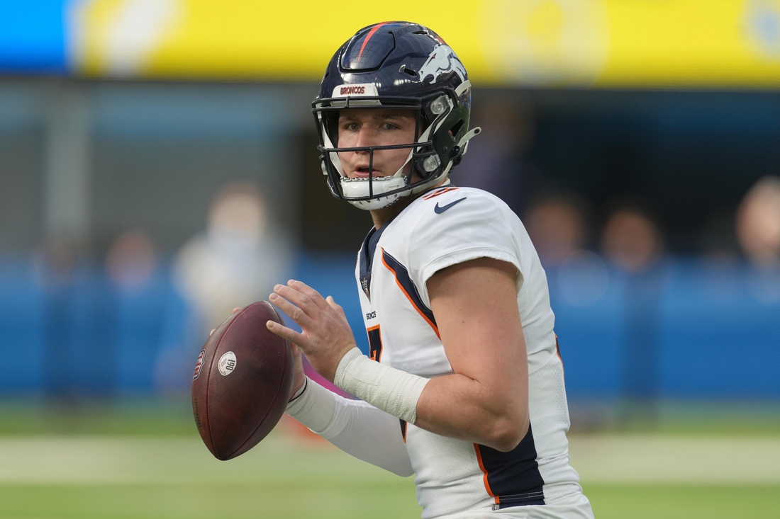 Jan 2, 2022; Inglewood, California, USA;  Denver Broncos quarterback Drew Lock (3) throws the ball before the game against the Los Angeles Chargers at SoFi Stadium. Mandatory Credit: Kirby Lee-USA TODAY Sports