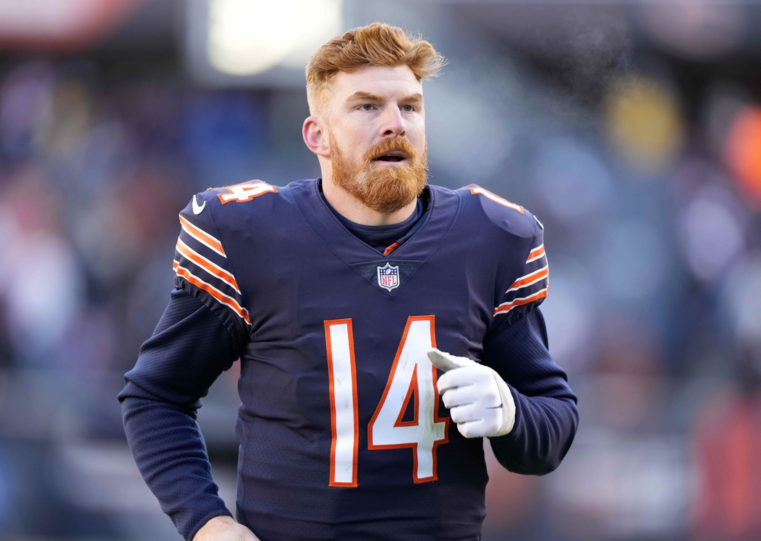 Jan 2, 2022; Chicago, Illinois, USA; Chicago Bears quarterback Andy Dalton (14) reacts after the game against the New York Giants during the second half at Soldier Field. Mandatory Credit: Mike Dinovo-USA TODAY Sports