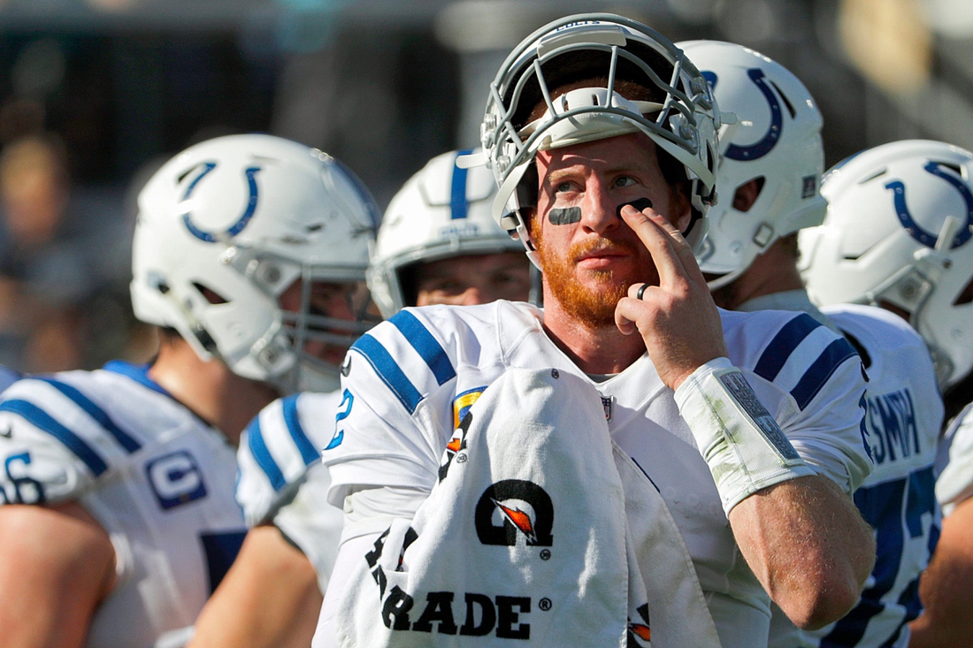 Indianapolis Colts quarterback Carson Wentz (2) presses on one of his eye black strips during the second quarter of the game on Sunday, Jan. 9, 2022, at TIAA Bank Field in Jacksonville, Fla.

The Indianapolis Colts Versus Jacksonville Jaguars On Sunday Jan 9 2022 Tiaa Bank Field In Jacksonville Fla