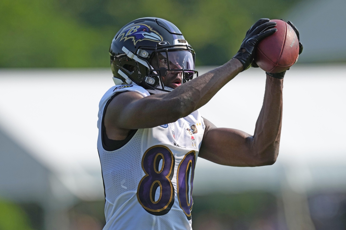 Jul 28, 2021; Owings Mills, MD, United States; Baltimore Ravens wide receiver Miles Boykin (80) makes a catch at Under Armour Performance Center. Mandatory Credit: Mitch Stringer-USA TODAY Sports