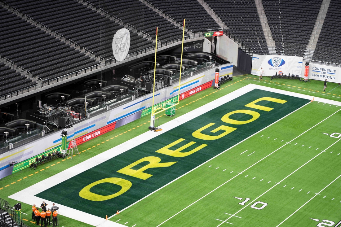 Dec 3, 2021; Las Vegas, NV, USA; A detailed view of the Oregon Ducks logo in the end zone at Allegiant Stadium before the 2021 Pac-12 Championship Game between Oregon and the Utah Utes. Mandatory Credit: Kirby Lee-USA TODAY Sports
