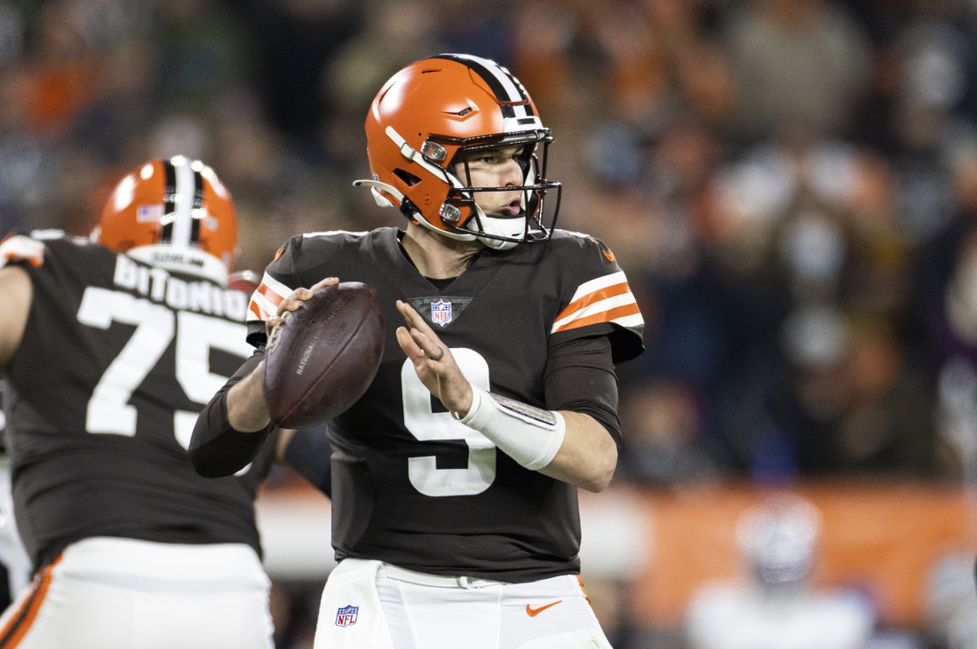 Dec 20, 2021; Cleveland, Ohio, USA; Cleveland Browns quarterback Nick Mullens (9) looks for an available receiver against the Las Vegas Raiders during the second quarter at FirstEnergy Stadium. Mandatory Credit: Scott Galvin-USA TODAY Sports