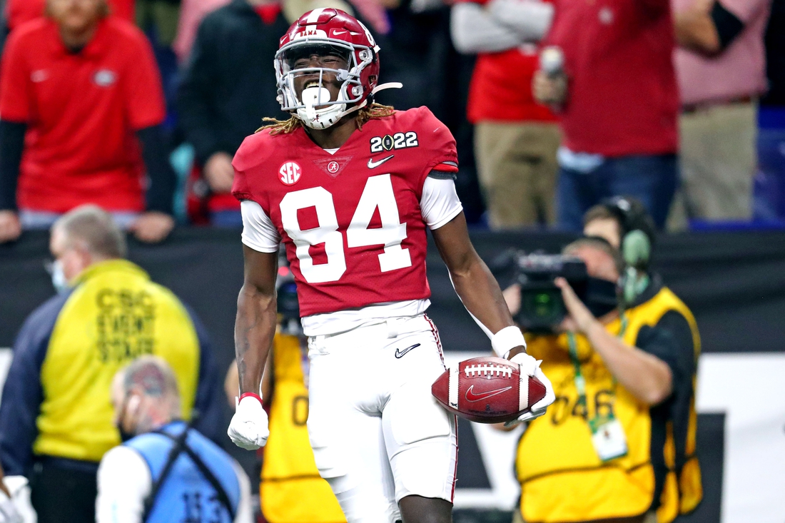 Jan 10, 2022; Indianapolis, IN, USA; Alabama Crimson Tide wide receiver Agiye Hall (84) reacts during the second half after the game in the 2022 CFP college football national championship game at Lucas Oil Stadium. Mandatory Credit: Mark J. Rebilas-USA TODAY Sports
