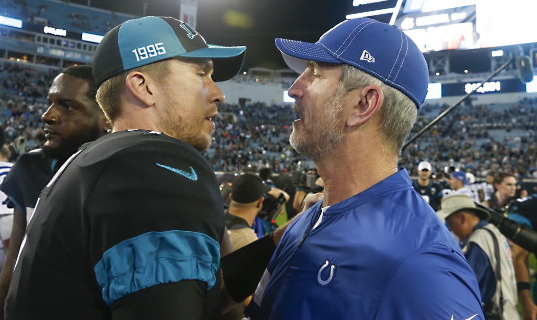 Dec 29, 2019; Jacksonville, Florida, USA; Jacksonville Jaguars quarterback Nick Foles (7) talks with Indianapolis Colts head coach Frank Reich after the game at TIAA Bank Field. Mandatory Credit: Reinhold Matay-USA TODAY Sports
