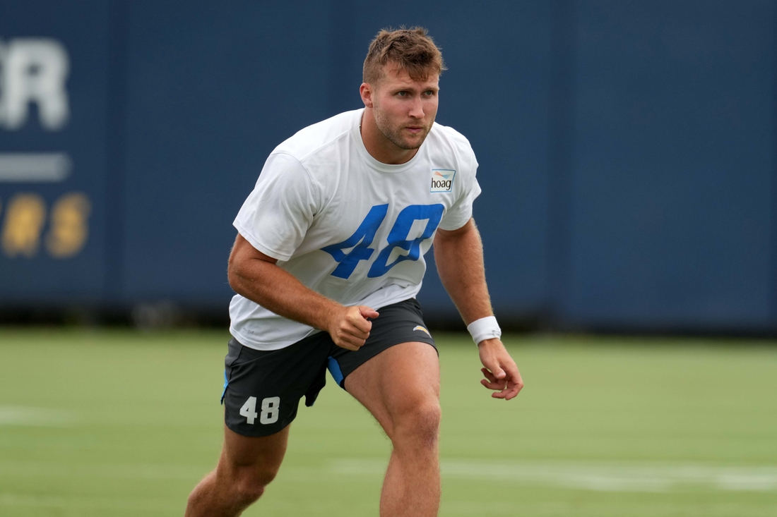 Jun 7, 2021; Costa Mesa, CA, USA; Los Angeles Chargers tight end Matt Sokol (48) during organized team activities at the Hoag Performance Center.  Mandatory Credit: Kirby Lee-USA TODAY Sports