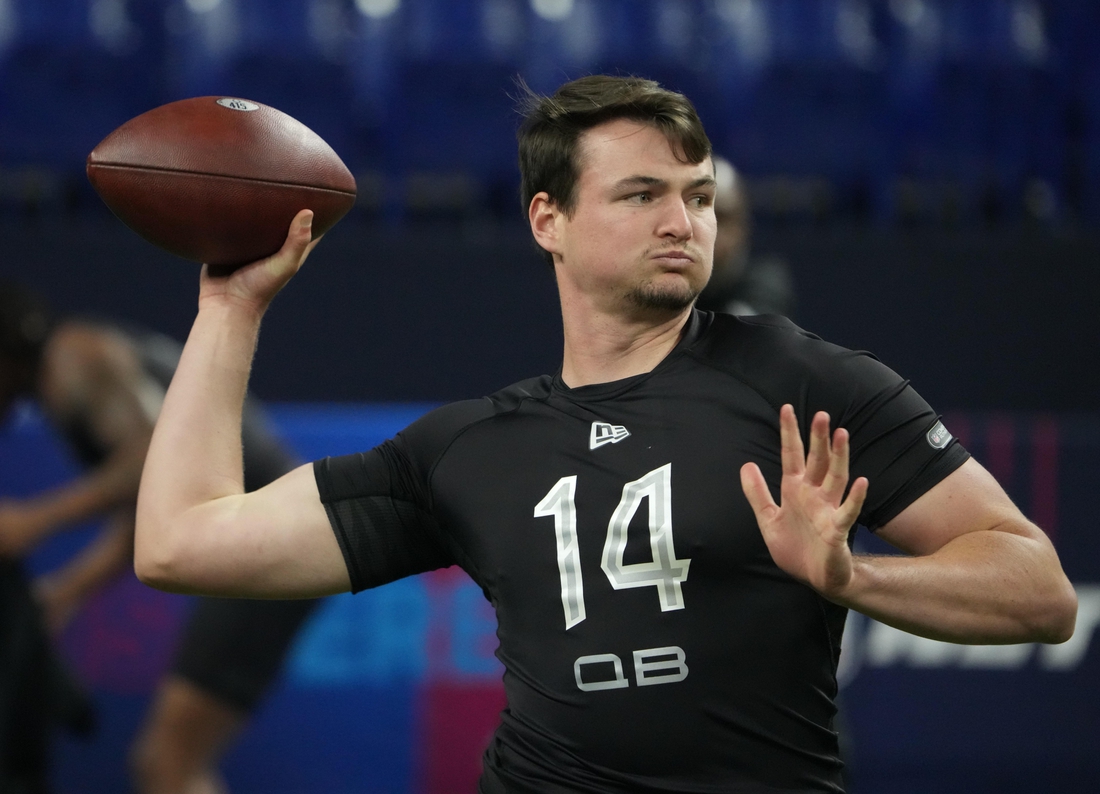 (EDITORS NOTE: caption correction, player mis-spelled in original) Mar 3, 2022; Indianapolis, IN, USA; Nevada quarterback Carson Strong (QB14) goes through drills during the 2022 NFL Scouting Combine at Lucas Oil Stadium. Mandatory Credit: Kirby Lee-USA TODAY Sports