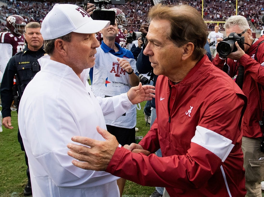 Texas A&M head coach Jimbo Fisher, left, and Alabama head coach Nick Saban meet at midfield after their game in College Station, Texas, in 2019.

Xxx Img Bama667 1 1 45v20bgg Jpg