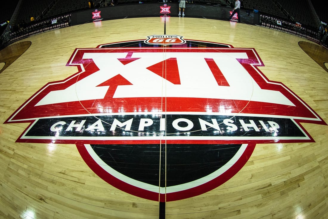 Mar 13, 2019; Kansas City, MO, USA; Big 12 logo at center court prior to the TCU Horned Frogs and the Oklahoma State Cowboys game of the first round of the Big 12 conference tournament at Sprint Center. Mandatory Credit: William Purnell-USA TODAY Sports