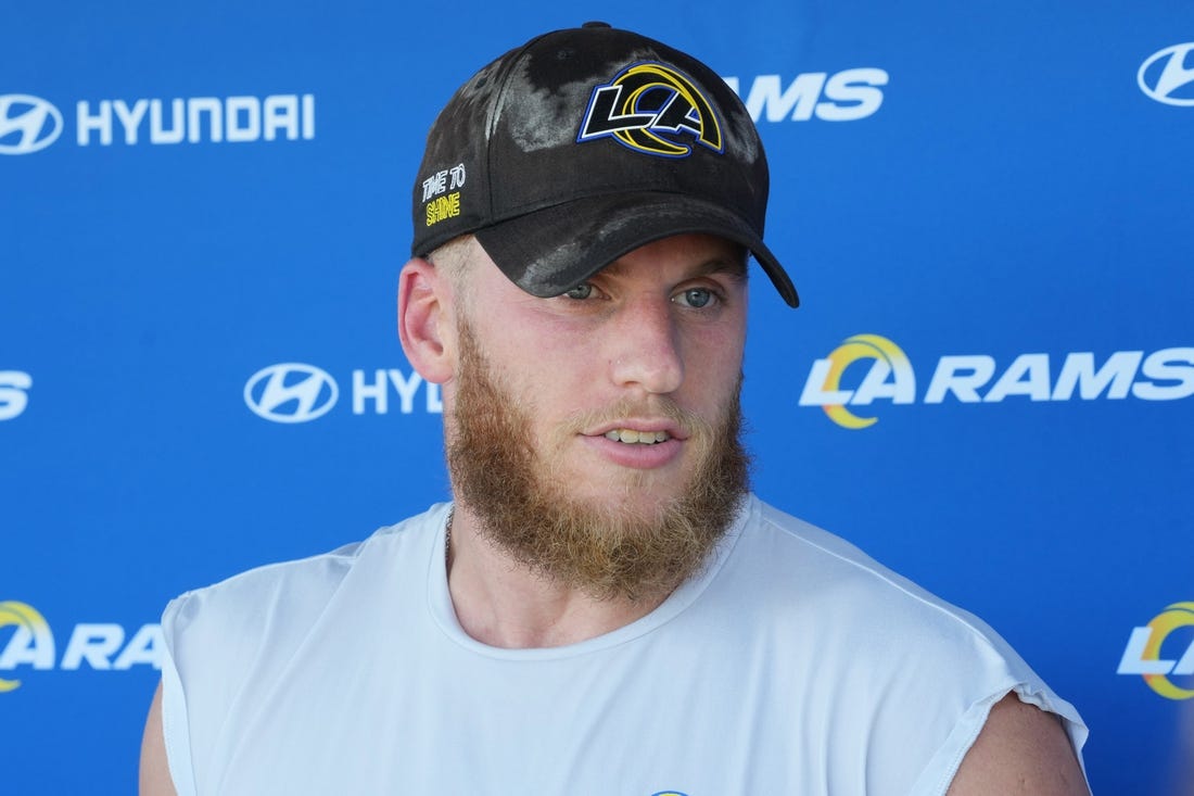 Jun 7, 2022; Thousand Oaks, California, USA; Los Angeles Rams receiver Cooper Kupp at a press conference during minicamp at Cal Lutheran University. Mandatory Credit: Kirby Lee-USA TODAY Sports