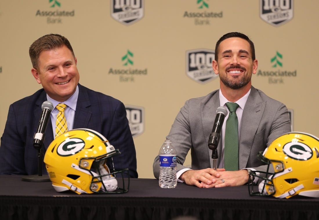 Green Bay Packers general manager Brian Gutekunst (left) laughs with new Packers head coach Matt LaFleur at his introductory press conference in the Lambeau Field media auditorium.

Green Bay Packers general manager Brian Gutekunst (left) laughs with new Packers head coach Matt LaFleur at his introductory press conference in the Lambeau Field media auditorium..

LAFLUER