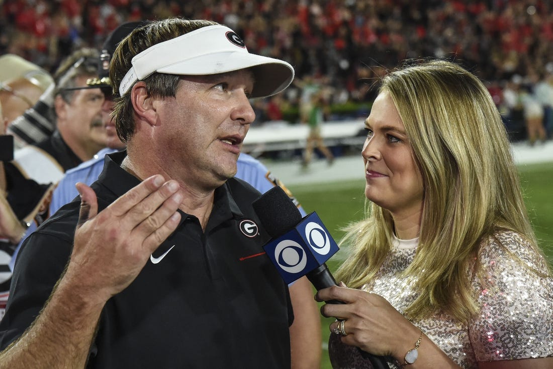 Sep 21, 2019; Athens, GA, USA; Georgia Bulldogs head coach Kirby Smart is interviewed by CBS sports reporter Jamie Erdahl after defeating the Notre Dame Fighting Irish at Sanford Stadium. Mandatory Credit: Dale Zanine-USA TODAY Sports